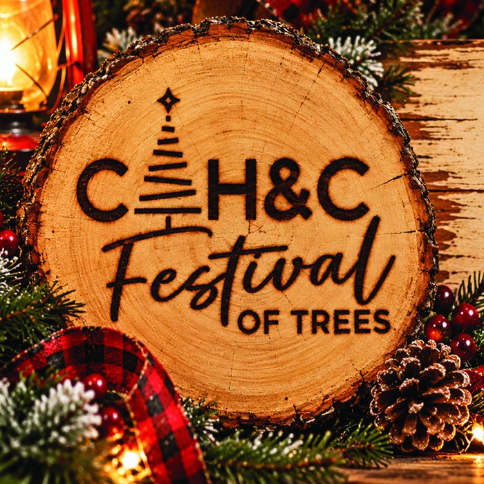 CAH&C Festival of Trees logo on a rustic wood slice