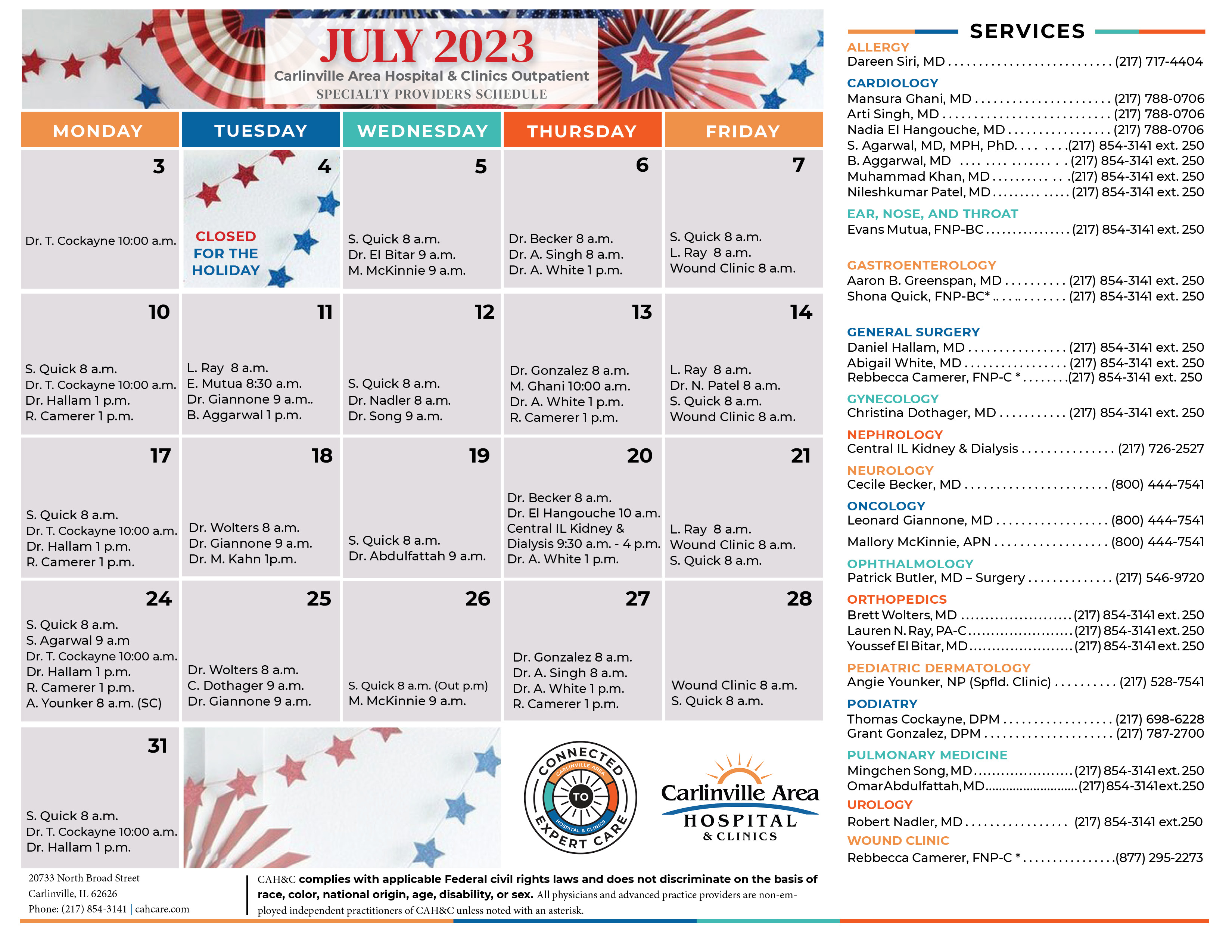 Specialty Provider July 2023 Calendar